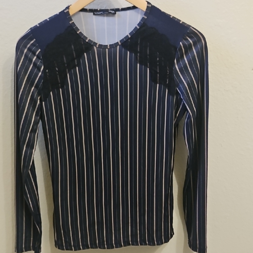 Zara Fitted Long Sleeve Black and Blue Blouse
